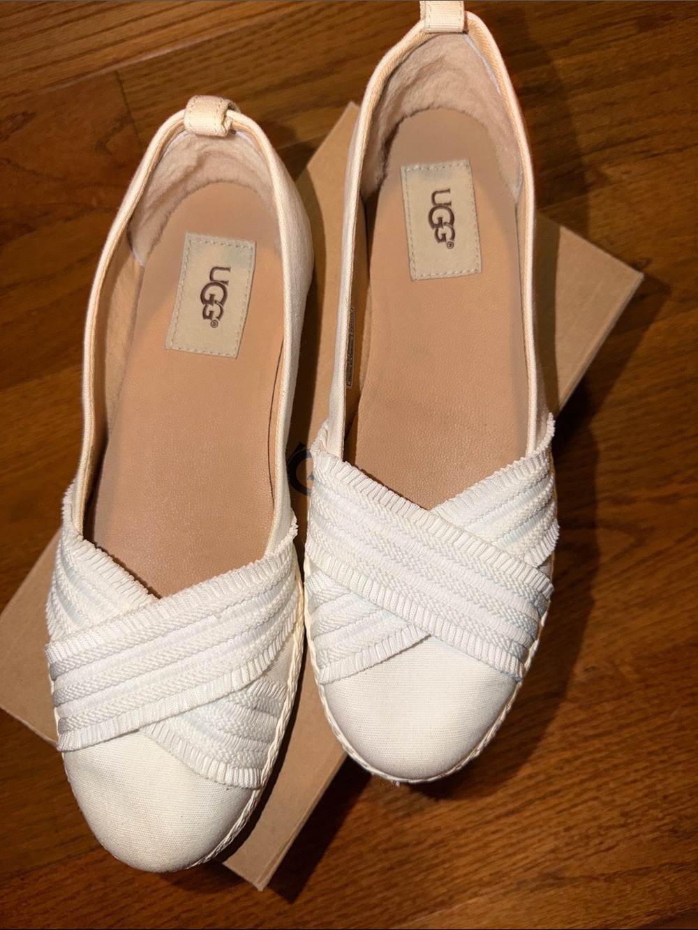 UGG Women’s Cream White Slip-On Espadrille Flats with Crossband Detail